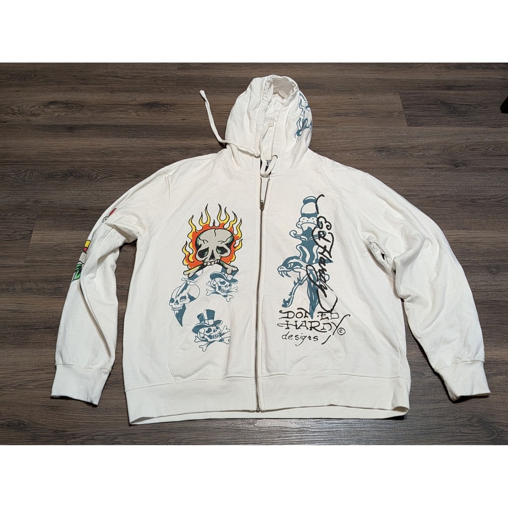 Ed Hardy Mens XL Full Zip Hoodie Cream Tattoo Graphic Skull Dagger Y2K Street